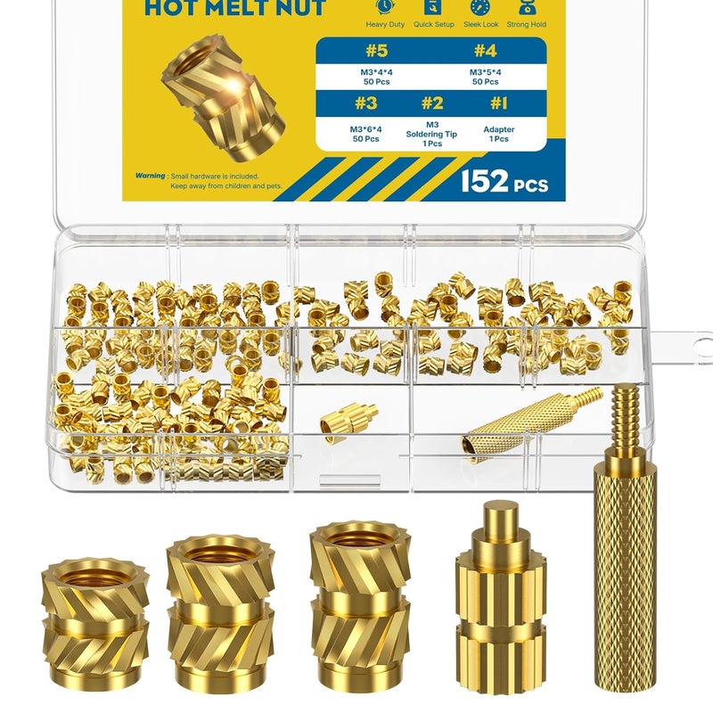 Vibit 152 Pcs Threaded Inserts for Plastic, 3 Sizes of M3 Heat Set Inserts with Soldering Tip & Adapter, Brass Heat Insert, Metric Knurled Nut Insert Kit for 3D Printing Components - Image 1